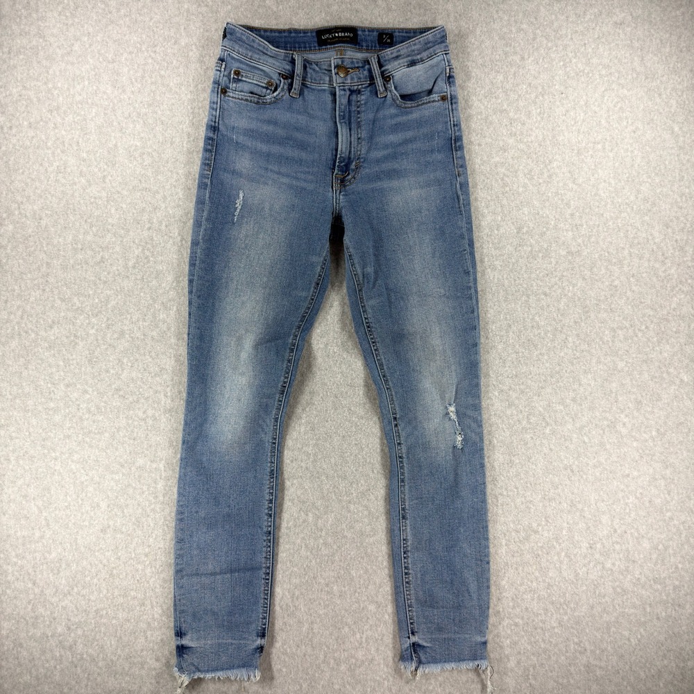 Lucky Brand Bridgette Crop Skinny Jeans Medium Wash Distressed Frayed Hem 2/26